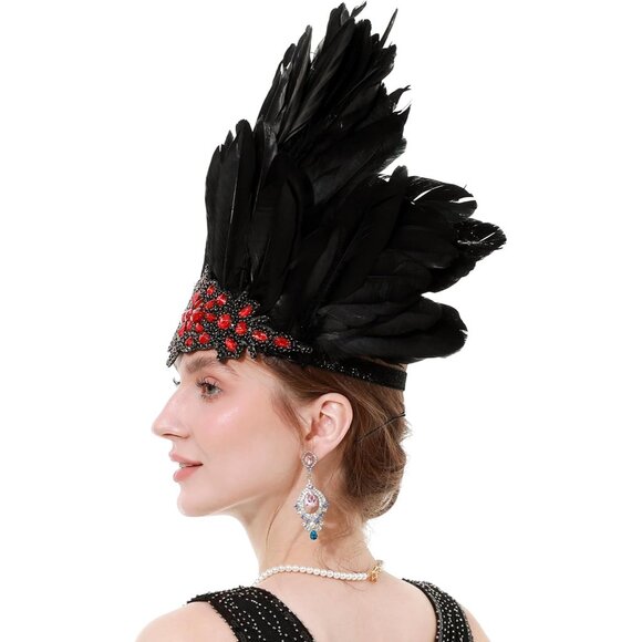Women's Feather Headpiece Handmade Rhinestones Headband for Costume - Picture 7 of 8
